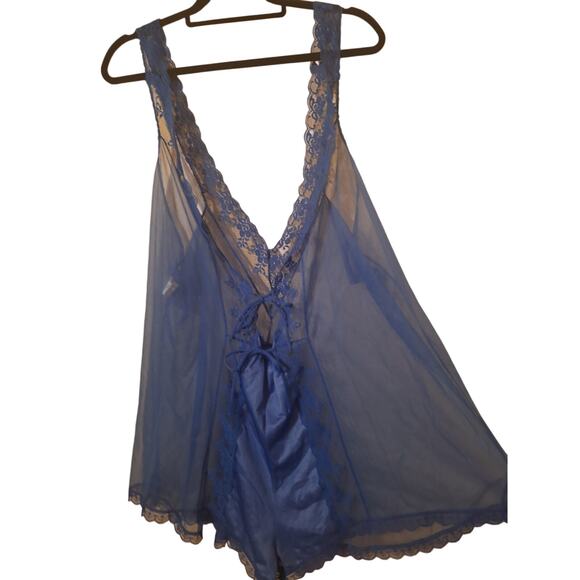 Vintage Janelle of California Royal Blue Cobalt Blue Lace Nightgown Suit Size 1X - Picture 2 of 12